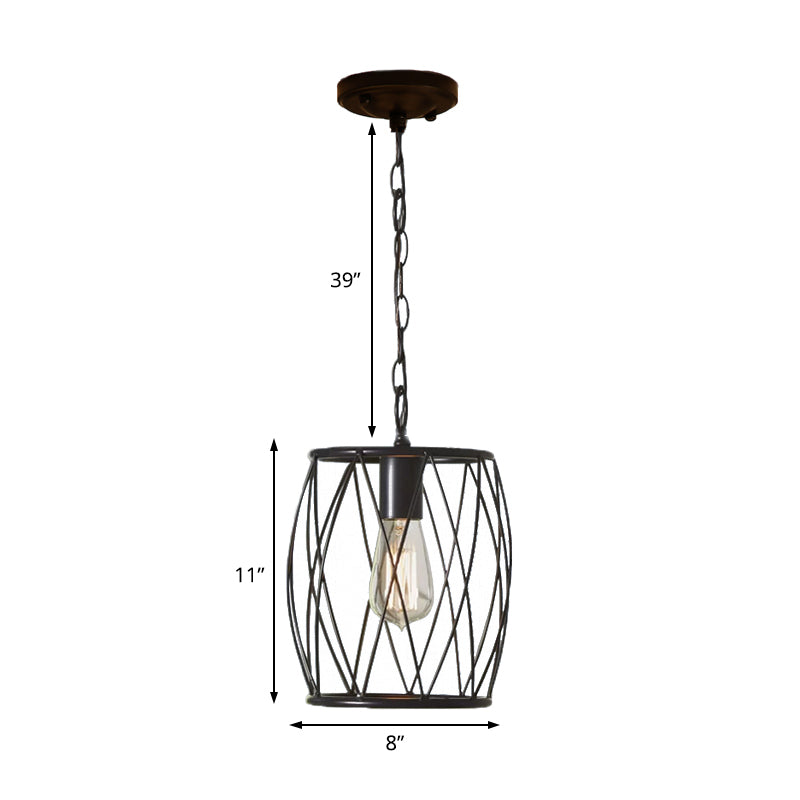 Industrial Metal Pendant Lamp with Black Wire Guard - 1 Bulb, Cylinder Shade for Dining Room Lighting Fixture