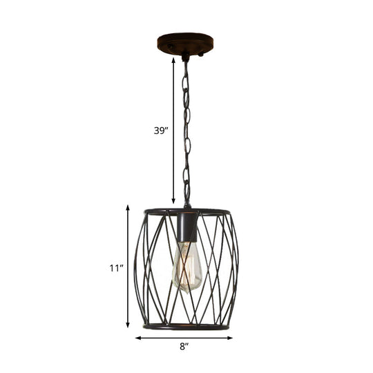 Industrial Metal Pendant Lamp with Black Wire Guard - 1 Bulb, Cylinder Shade for Dining Room Lighting Fixture