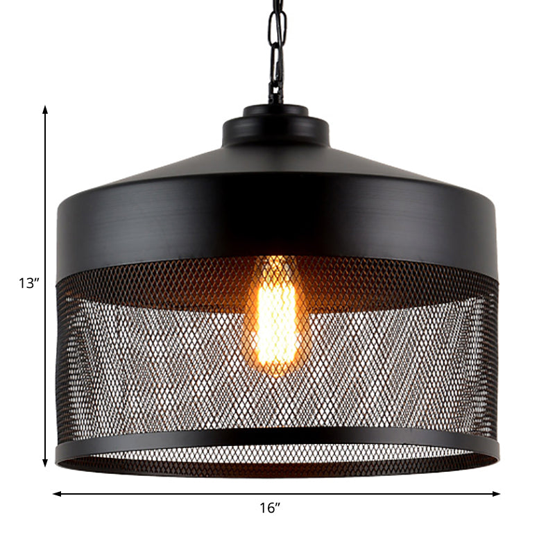 Metal Hanging Light Industrial Style With Black Mesh Drum Shade - Restaurant Pendant Fixture