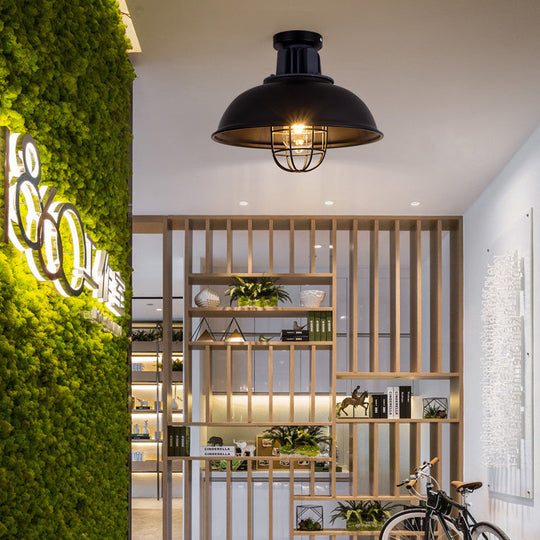 Vintage Wire Cage Ceiling Light With Semi-Flush Mount & Bowl Shade In Black