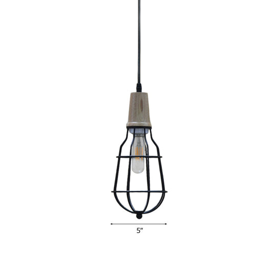 Rustic Lodge Black Metal Mini Caged Pendant Light With 1 Bulb - Coffee Shop Lighting