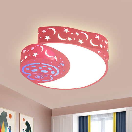 Metal Moon And Mushroom Led Flush Light Fixture - Kids Pink Mount Lamp