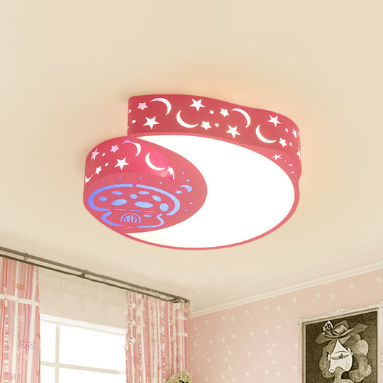 Metal Moon And Mushroom Led Flush Light Fixture - Kids Pink Mount Lamp