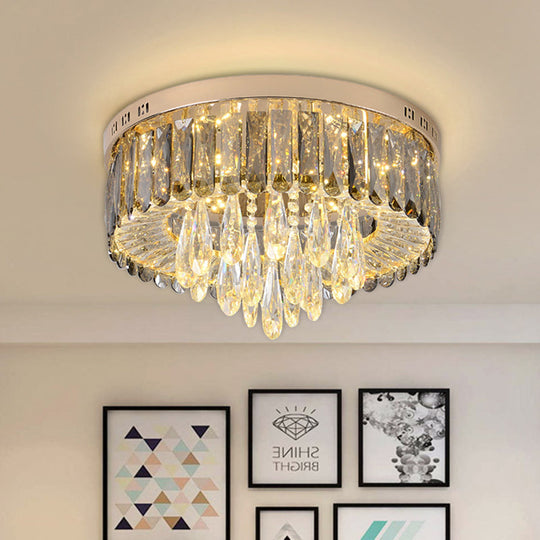 Modern Drum Bedroom Flush Mount Lighting: Smoke Gray Crystal LED Ceiling Lamp