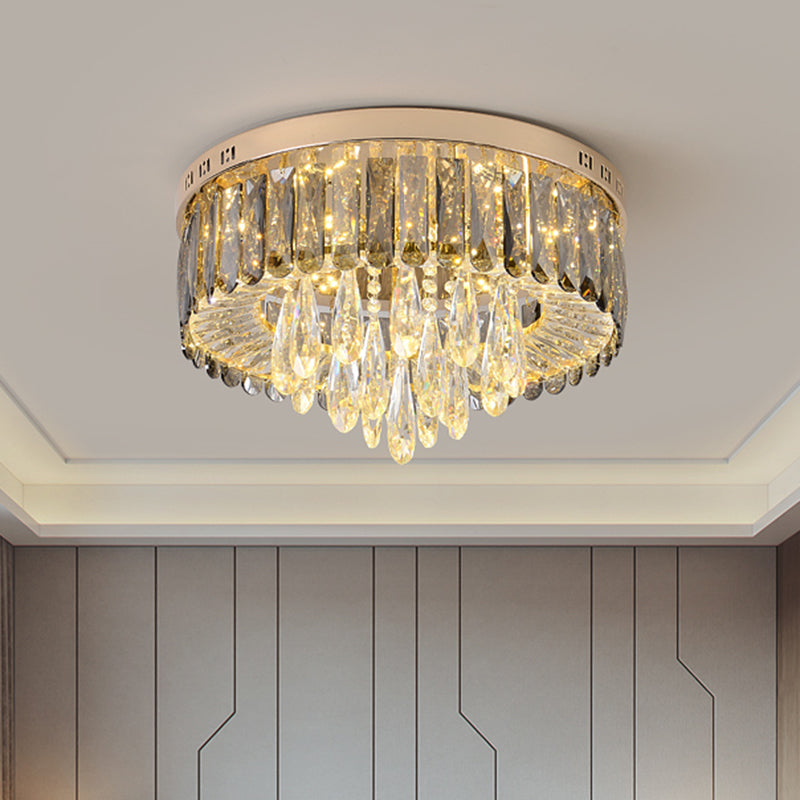 Modern Drum Bedroom Flush Mount Lighting: Smoke Gray Crystal LED Ceiling Lamp