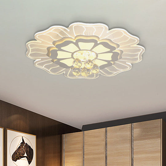 Contemporary LED White Flush Lamp with Floral Acrylic Shape and Crystal Drop