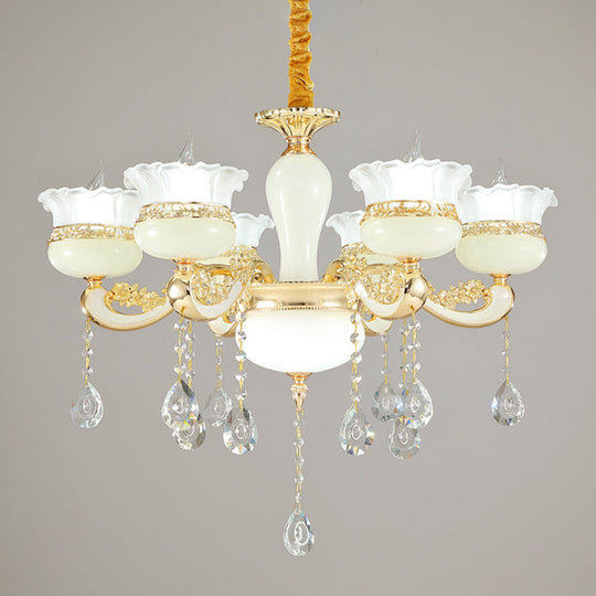 Modern Gold Chandelier with White Glass Shade - 6 Heads Ruffle-Edge Pendant for Bedroom Ceiling Lighting