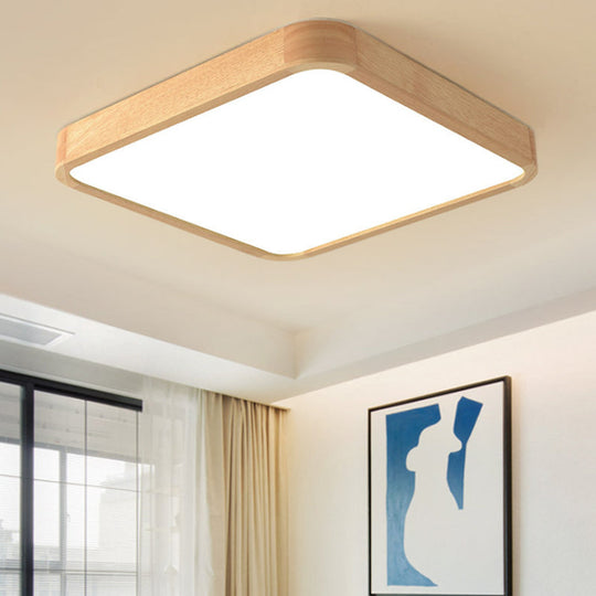 Beige Square Flush Mount LED Ceiling Lighting Fixture - Modern Wood Design in White or Warm Light - Available in 3 Sizes