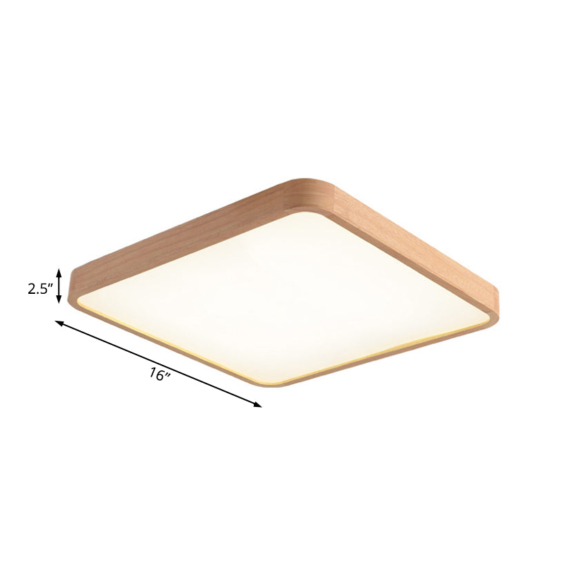 Beige Square Flush Mount LED Ceiling Lighting Fixture - Modern Wood Design in White or Warm Light - Available in 3 Sizes