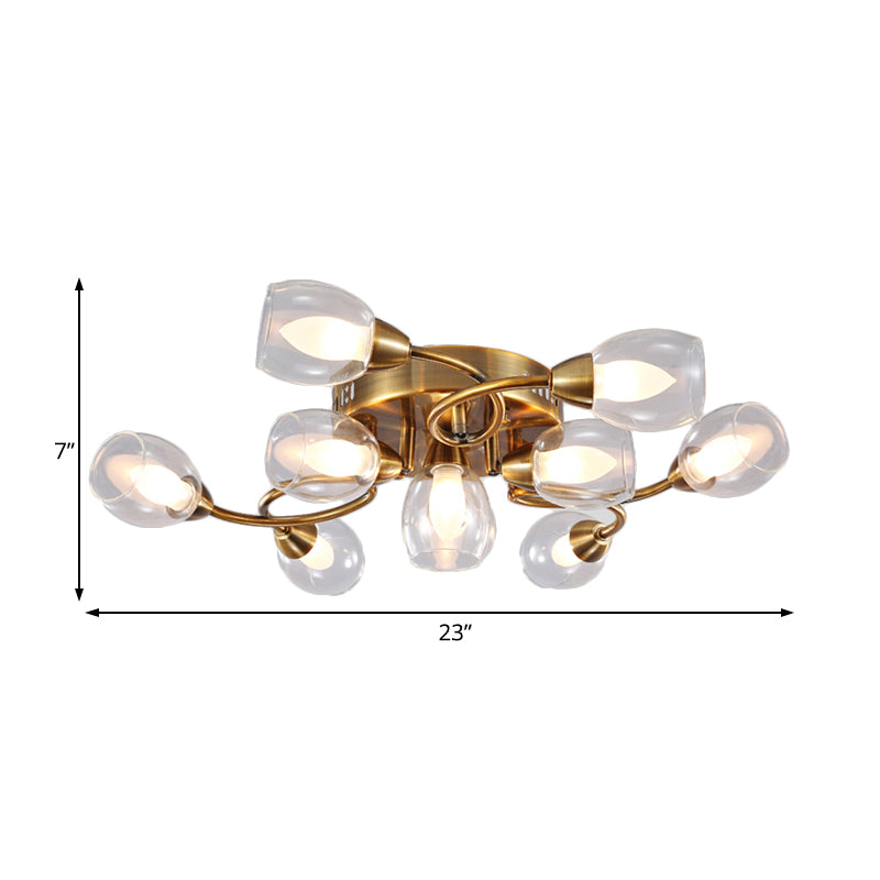 Plafonnier moderne doré avec 10 abat-jours en verre transparent