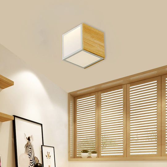 Modern Chinese LED Flush Mount Light - Wooden Box Design with Warm/White Light