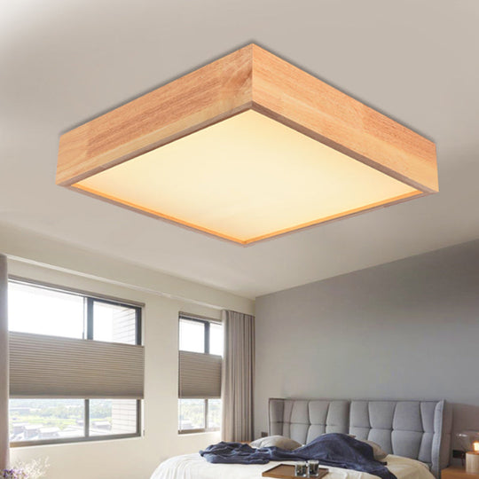 Contemporary Wooden Square LED Ceiling Light Fixture - Wide 1-Light Flush Mount Lamp in Warm/White Light