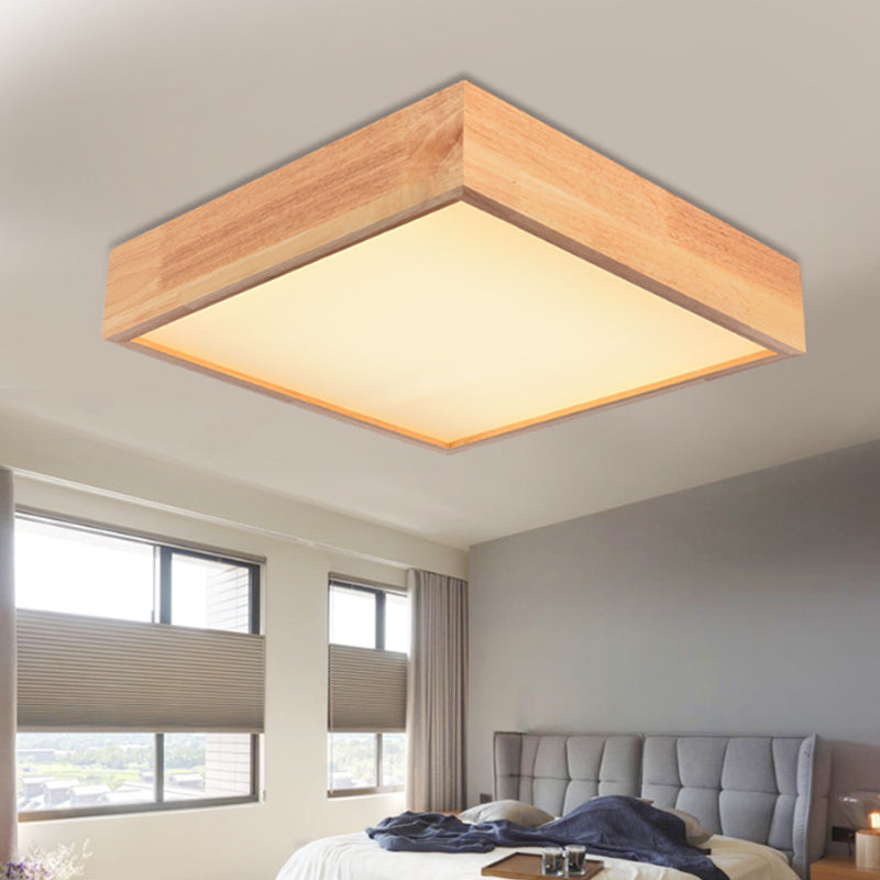 Contemporary Wooden Square Led Ceiling Light Fixture - Wide 1-Light Flush Mount Lamp In Warm/White