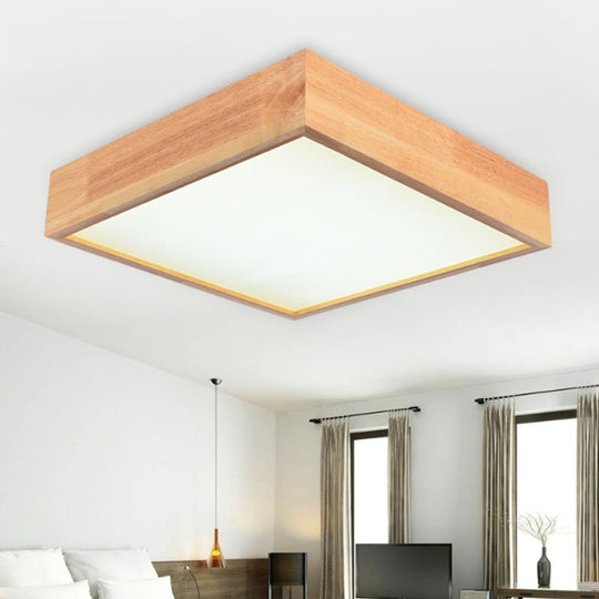 Contemporary Wooden Square LED Ceiling Light Fixture - Wide 1-Light Flush Mount Lamp in Warm/White Light