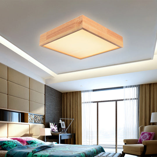 Contemporary Wooden Square LED Ceiling Light Fixture - Wide 1-Light Flush Mount Lamp in Warm/White Light