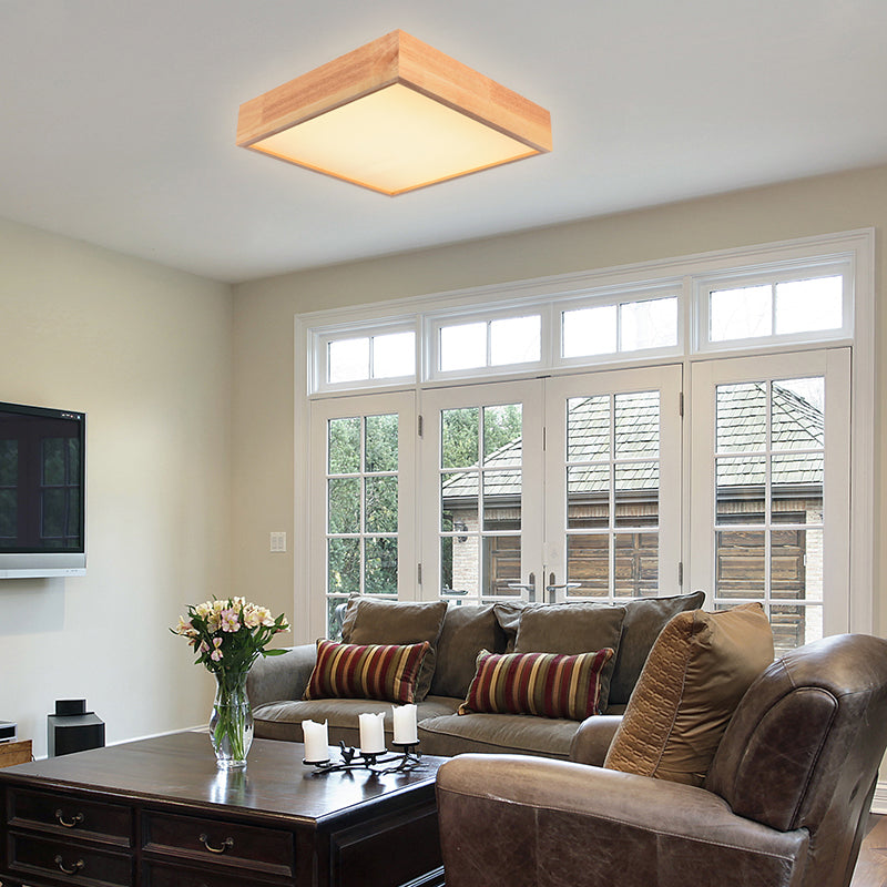 Contemporary Wooden Square LED Ceiling Light Fixture - Wide 1-Light Flush Mount Lamp in Warm/White Light