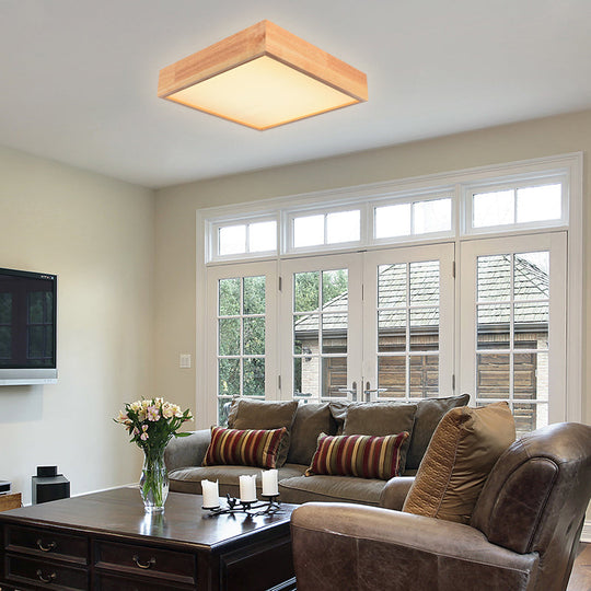 Contemporary Wooden Square LED Ceiling Light Fixture - Wide 1-Light Flush Mount Lamp in Warm/White Light