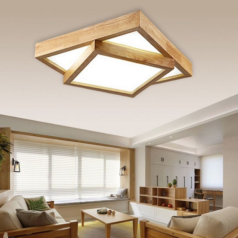 Modern Wood Flush Mount LED Ceiling Light for Bedroom - 19"/25"/31.5" Wide, Square Shape, Warm/White Light