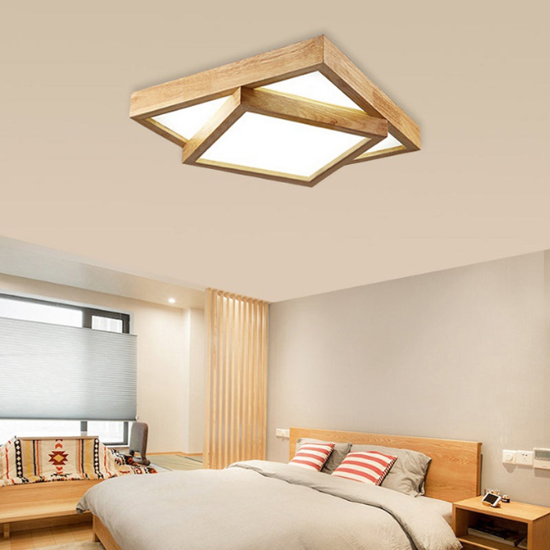 Modern Wood Flush Mount LED Ceiling Light for Bedroom - 19"/25"/31.5" Wide, Square Shape, Warm/White Light