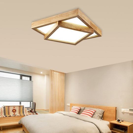 Modern Wood Flush Mount LED Ceiling Light for Bedroom - 19"/25"/31.5" Wide, Square Shape, Warm/White Light