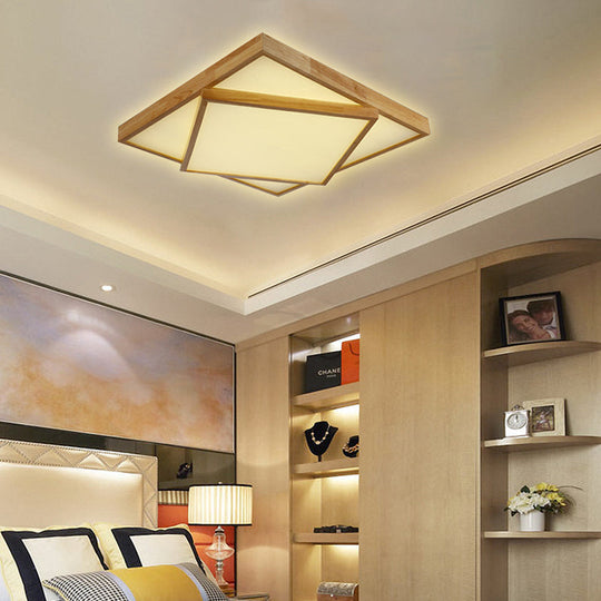 Modern Wood Flush Mount LED Ceiling Light for Bedroom - 19"/25"/31.5" Wide, Square Shape, Warm/White Light
