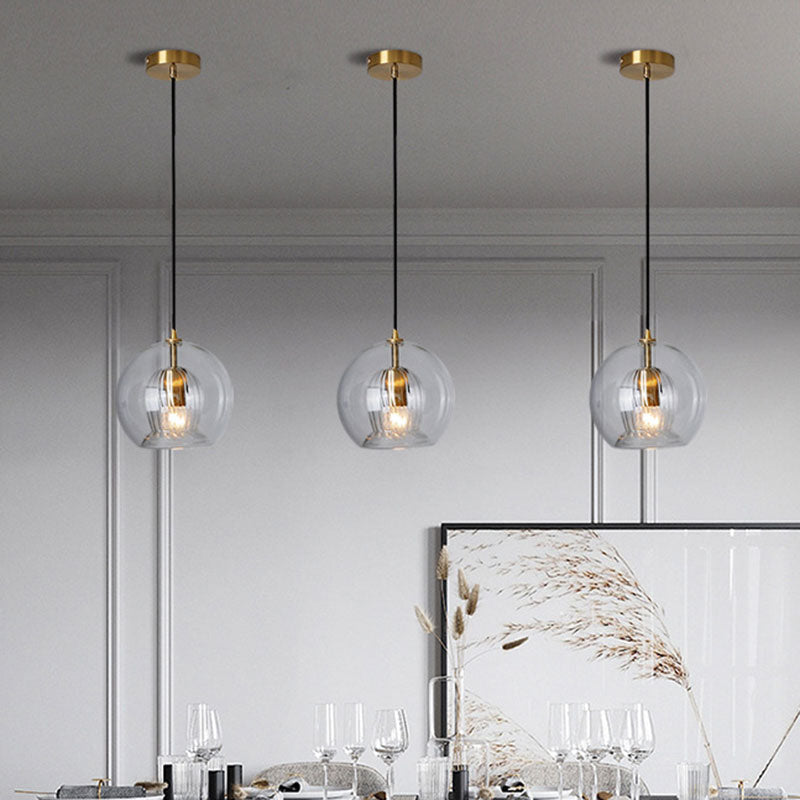 Gold Double Shade Hanging Light Clear Glass Pendant - Dining Room 1 Bulb 6/8 Wide