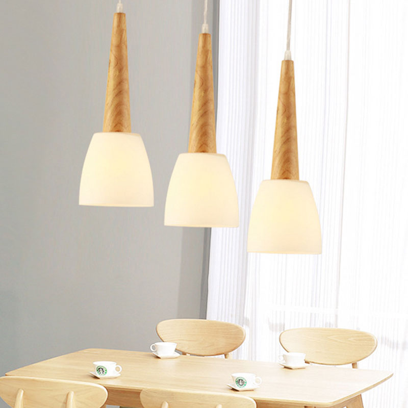 Modern Frosted Glass Hanging Lamp With Wood Cap - 3-Light Pendant For Dining Room In White