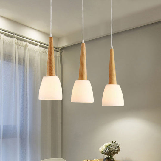 Modern Frosted Glass Hanging Lamp With Wood Cap - 3-Light Pendant For Dining Room In White