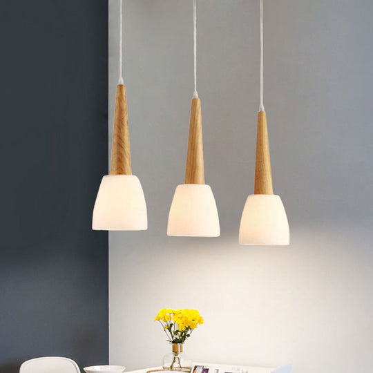 Modern Frosted Glass Hanging Lamp With Wood Cap - 3-Light Pendant For Dining Room In White