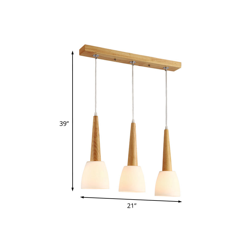 Modern Frosted Glass Hanging Lamp With Wood Cap - 3-Light Pendant For Dining Room In White