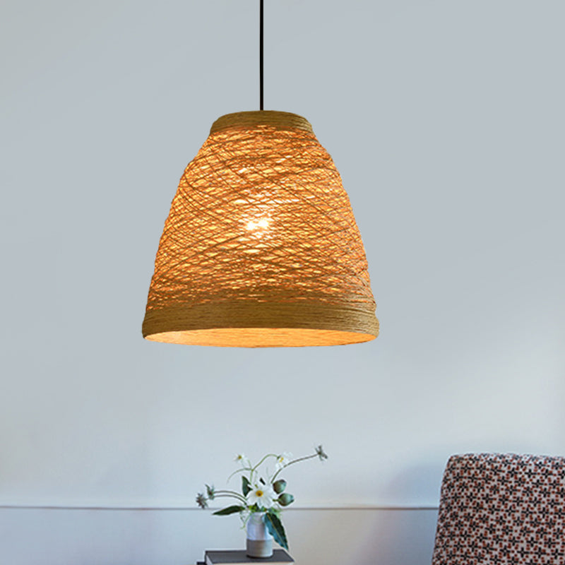 Lodge Style 1-Light Weave Tapered Pendant Lamp In Orange/Brown - Dining Table Hanging Fixture