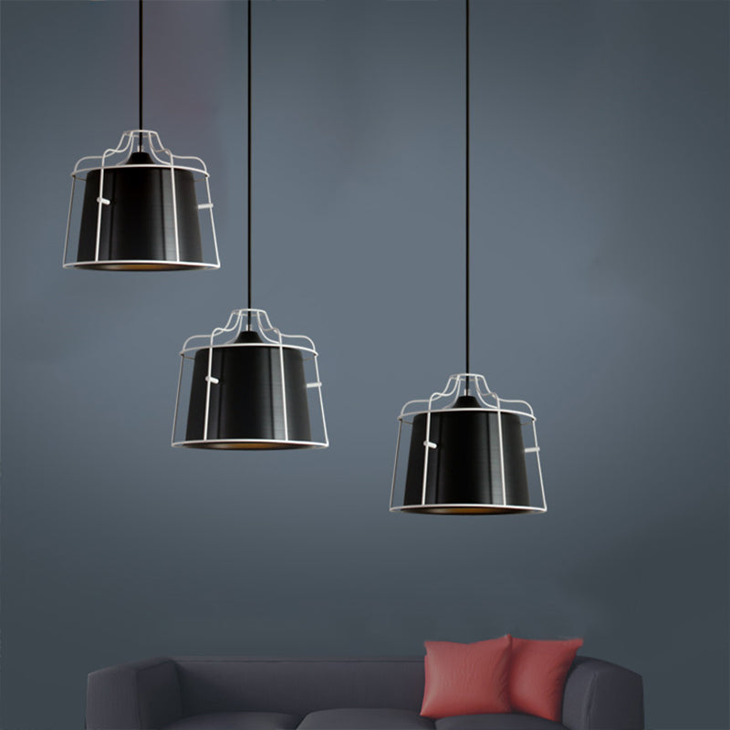 Modern Black/Blue Metal Pendant Light with Cage Shade - 1 Light Tapered Hanging Ceiling Lighting for Table