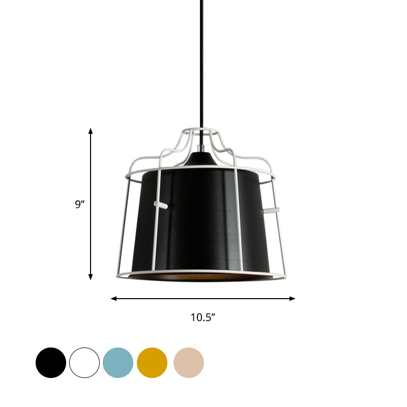 Modern Black/Blue Metal Pendant Light with Cage Shade - 1 Light Tapered Hanging Ceiling Lighting for Table