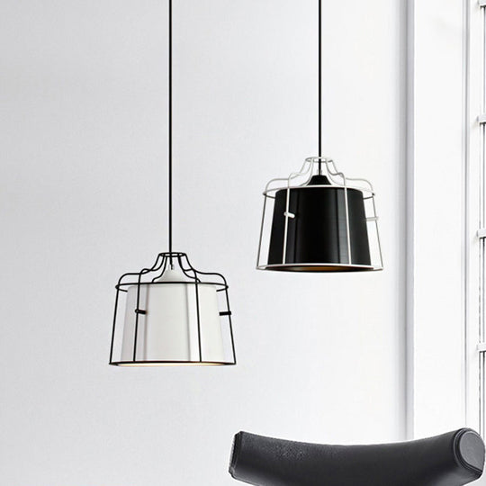 Modern Black/Blue Metal Pendant Light with Cage Shade - 1 Light Tapered Hanging Ceiling Lighting for Table