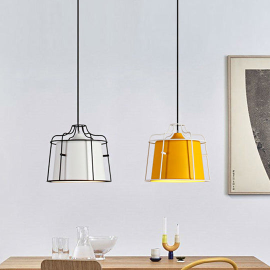 Modern Black/Blue Metal Pendant Light with Cage Shade - 1 Light Tapered Hanging Ceiling Lighting for Table