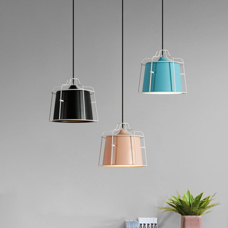 Modern Black/Blue Metal Pendant Light With Hanging Cage Shade - 1-Light Tapered Design For Table