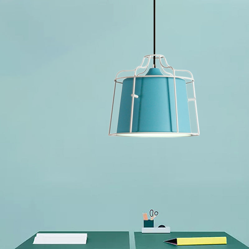 Modern Black/Blue Metal Pendant Light With Hanging Cage Shade - 1-Light Tapered Design For Table