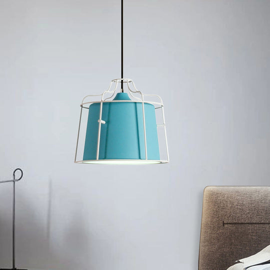 Modern Black/Blue Metal Pendant Light with Cage Shade - 1 Light Tapered Hanging Ceiling Lighting for Table