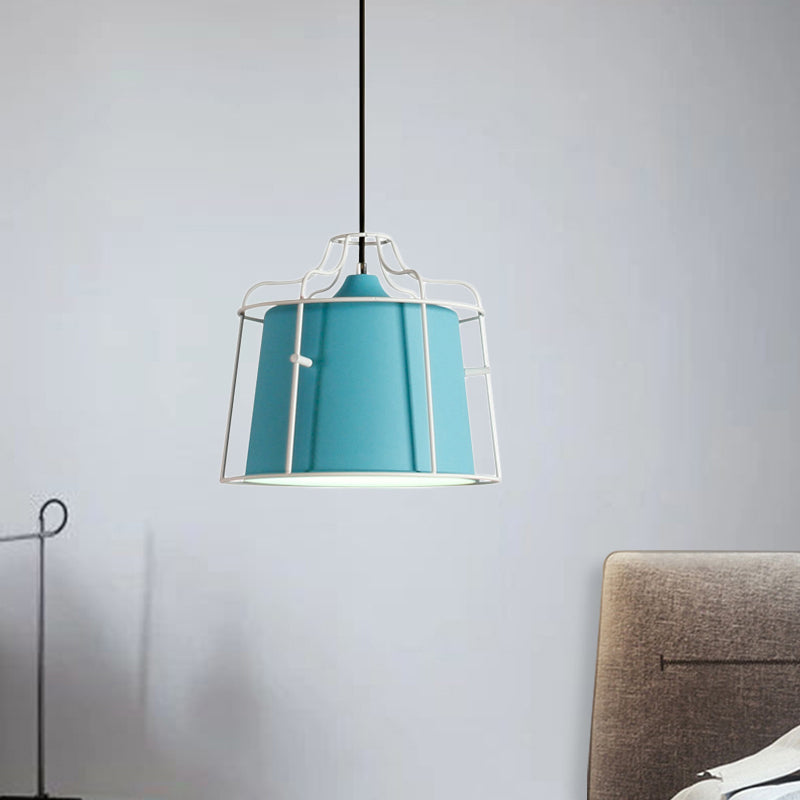 Modern Black/Blue Metal Pendant Light With Hanging Cage Shade - 1-Light Tapered Design For Table