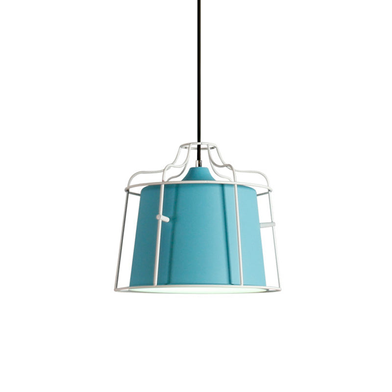 Modern Black/Blue Metal Pendant Light with Cage Shade - 1 Light Tapered Hanging Ceiling Lighting for Table