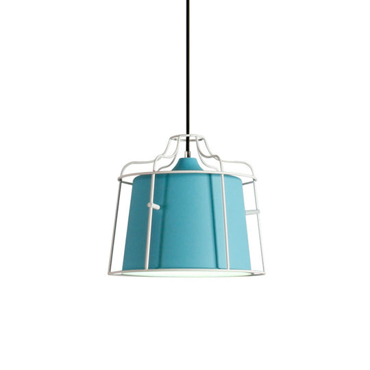 Modern Black/Blue Metal Pendant Light With Hanging Cage Shade - 1-Light Tapered Design For Table