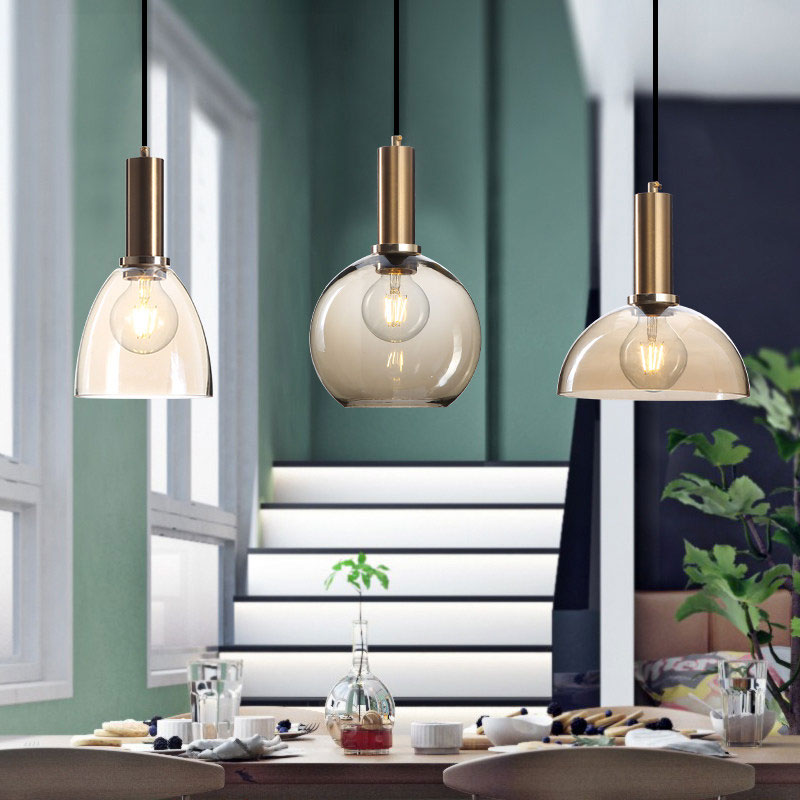 Amber/Clear Glass Curved Shade Pendant Light With Brass Lamp Socket Simple Style For Living Room