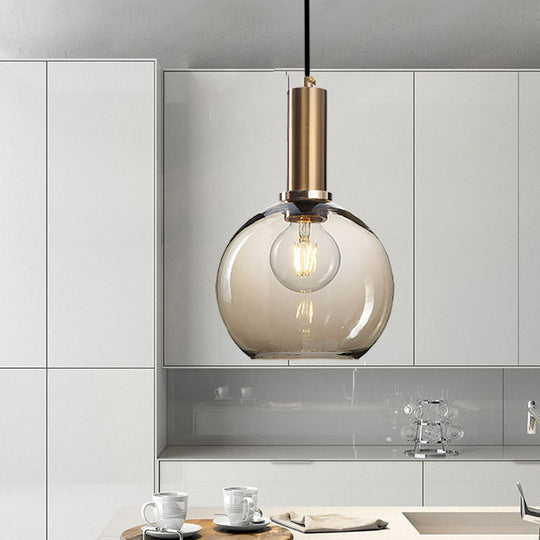 Modern Amber/Clear Glass Curved Shade Pendant Light for Living Room with Brass Lamp Socket