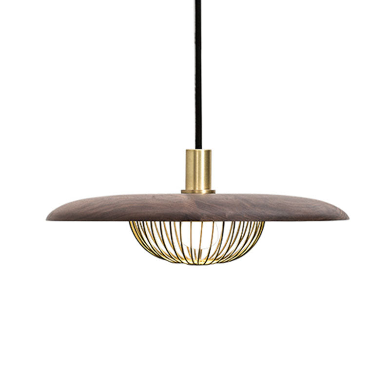 Iron Wire Domed Pendant Light with Wooden Shade - Modern and Suspended Lighting