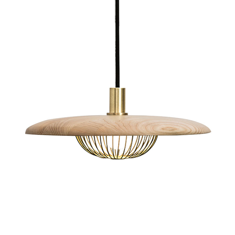 Iron Wire Domed Pendant Light with Wooden Shade - Modern and Suspended Lighting
