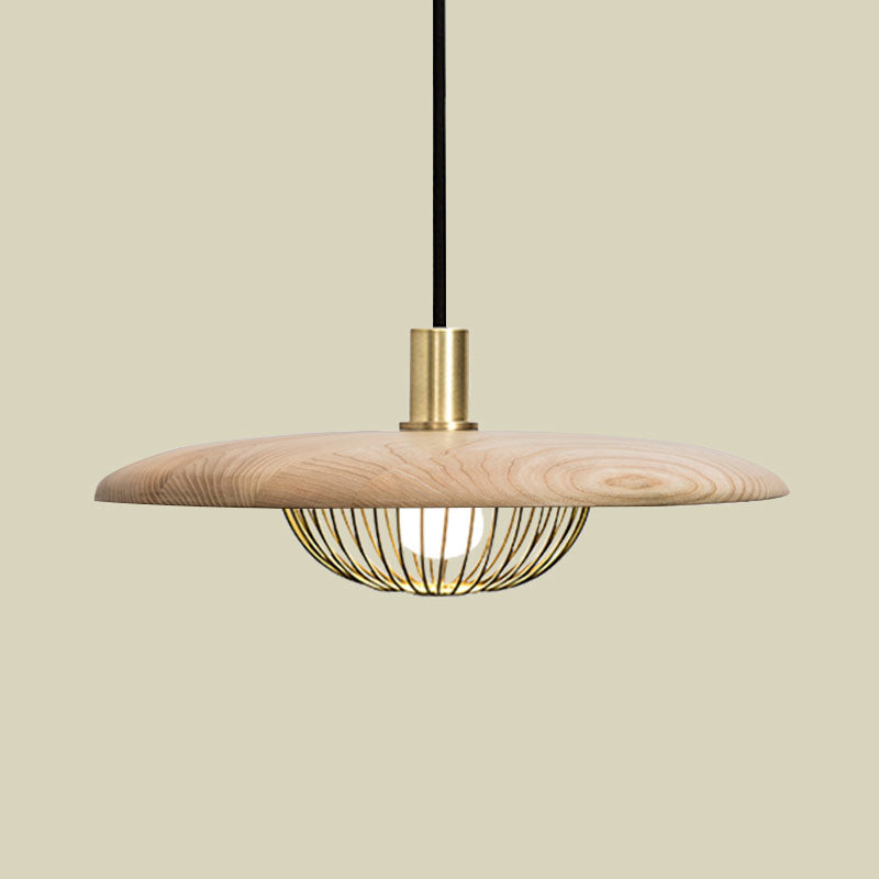 Iron Wire Domed Pendant Light with Wooden Shade - Modern and Suspended Lighting