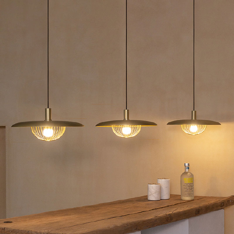 Iron Wire Domed Pendant Light with Wooden Shade - Modern and Suspended Lighting