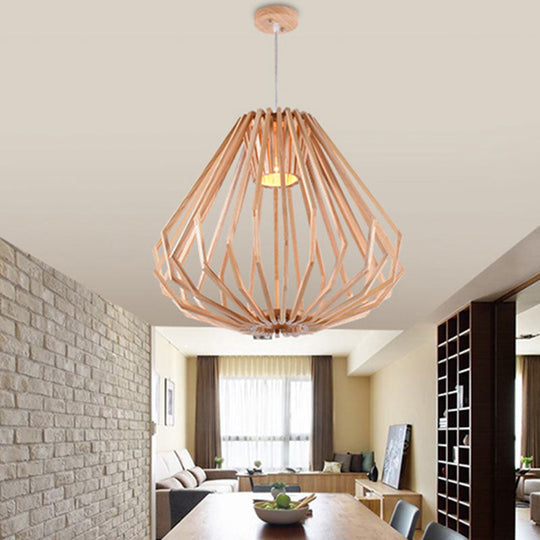 Asian Style Wood Pendant Light With Diamond Café Design - 1 Head Beige Suspension For Dining Room