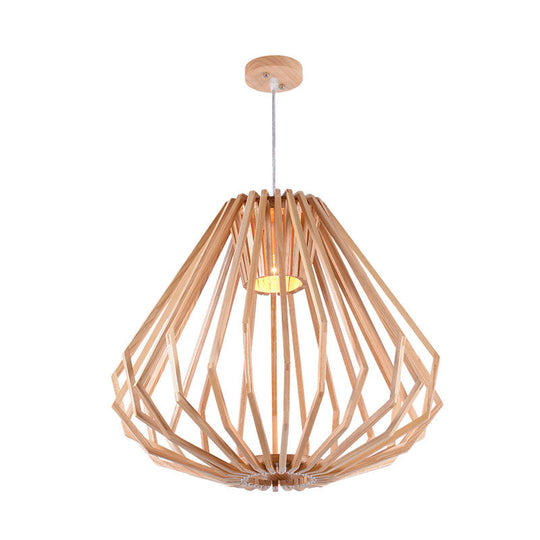 Diamond Cafe Pendant Light - Asian Style Wood Suspension, 1 Head - Beige