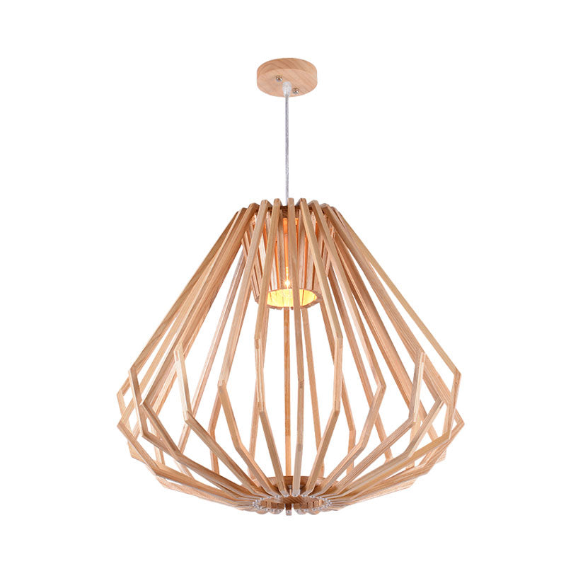 Asian Style Wood Pendant Light With Diamond Café Design - 1 Head Beige Suspension For Dining Room
